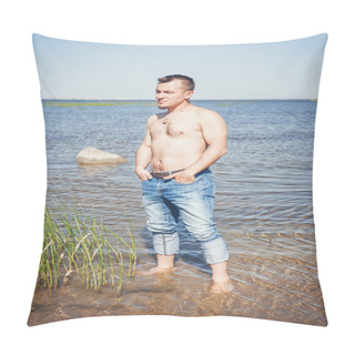 Personality  Handsome Man With Naked Torso Standing In The Sea  Pillow Covers