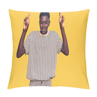 Personality  Young African American Man Wearing Casual Clothes Gesturing Finger Crossed Smiling With Hope And Eyes Closed. Luck And Superstitious Concept.  Pillow Covers
