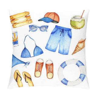 Personality  Watercolor Summer Collection. Hand Painted Isolated Elements. Necessary Things For The Seaside Beach Rest Pillow Covers