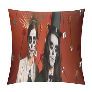 Personality  Dia De Los Muertos, Couple In Scary Makeup, Top Hat And Crown On Red Backdrop With Flowers, Banner Pillow Covers