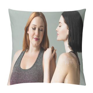 Personality  Sportswoman With Vitiligo Looking At Plus Size Friend Isolated On Grey  Pillow Covers