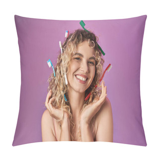 Personality  Lovely Woman Dressed As Tooth Fairy Smiling Cheerfully At Camera With Hands Raised To Face Pillow Covers