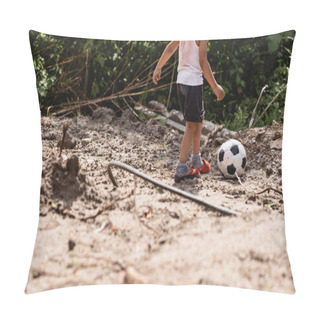 Personality  Cropped View Of Destitute African American Child Playing Football On Dirty Road In Slum  Pillow Covers