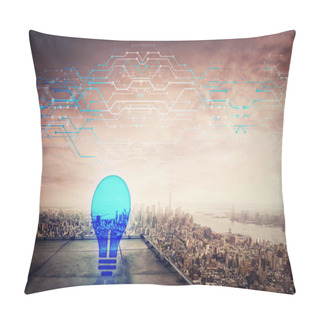 Personality  Blue Light Bulb Icon Hologram On The Rooftop Of A Skyscraper Over The Big City Sunset Horizon, Double Exposure Effect. Creativity And Idea Concept, Modern Virtual Technology. Light Speed Symbol. Pillow Covers
