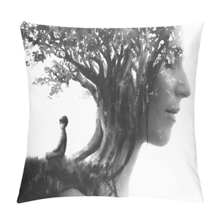 Personality  Paintography. Double Exposure Portrait Of A Serene Woman With Cl Pillow Covers