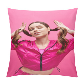 Personality  A Young, Stylish Woman In Her 20s With Long Hair, Wearing A Pink Jacket, Poses Against A Pink Background In A Studio. Pillow Covers