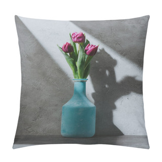 Personality  Purple Spring Tulip Flowers In Blue Vase On Concrete Surface With Shadow Pillow Covers