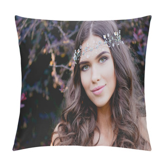 Personality  Close-up Portrait Of Young Brunette European Type, With Long Curly Hair And The Decoration On The Pillow Covers