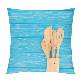 Personality  Top View Of Different Wooden Kitchen Utensils On Blue Table  Pillow Covers