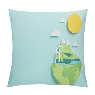 Personality  Top View Of Paper Cut Planet With Renewable Energy Sources On Turquoise Background, Earth Day Concept Pillow Covers