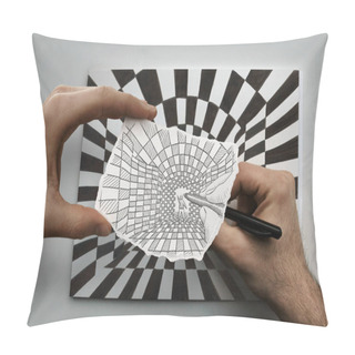 Personality  Drawing Depicting Little Man In A Tunnel With Black And White Rectangles, Paper And Hands Of Owner Pillow Covers