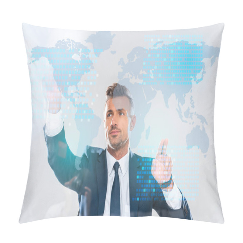 Personality  Handsome Businessman Touching Innovation Technology Interface With World Map Isolated On White, Artificial Intelligence Concept Pillow Covers