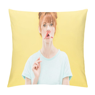 Personality  Front View Of Surprised Redhead Girl In T-shirt Holding Toy Mustache Pillow Covers