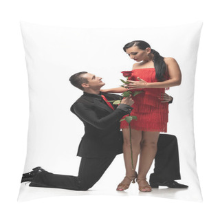 Personality  Sensual, Elegant Tango Dancer Standing On Knee And Gifting Red Rose To Beautiful Partner On White Background Pillow Covers