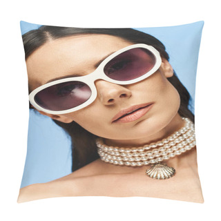 Personality  A Stylish Woman With Sunglasses And A Necklace Poses Against A Blue Background In A Studio Setting. Pillow Covers