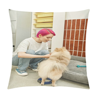 Personality  Stylish Female Dog Sitter Playing With Pomeranian Spitz In Welcoming Pet Hotel, Canine Enjoyment Pillow Covers