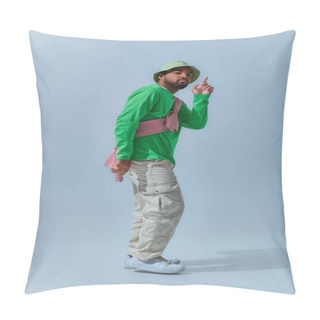 Personality  Handsome African American Man Moving And Pointing Finger Up Looking At Camera, Fashion Concept Pillow Covers