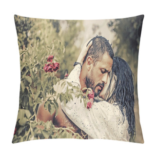 Personality Love In The Garden. Passionate Couple In The Garden Hugging. Pillow Covers