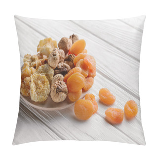 Personality  Mixed Dried Fruits On White Plate On Wooden Table  Pillow Covers