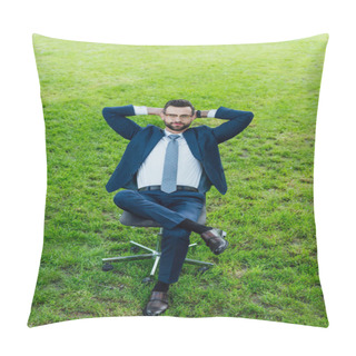 Personality  High Angle View Of Businessman Sitting In Office Chair In Park With Crossed Lags And Arms Behind Head Pillow Covers