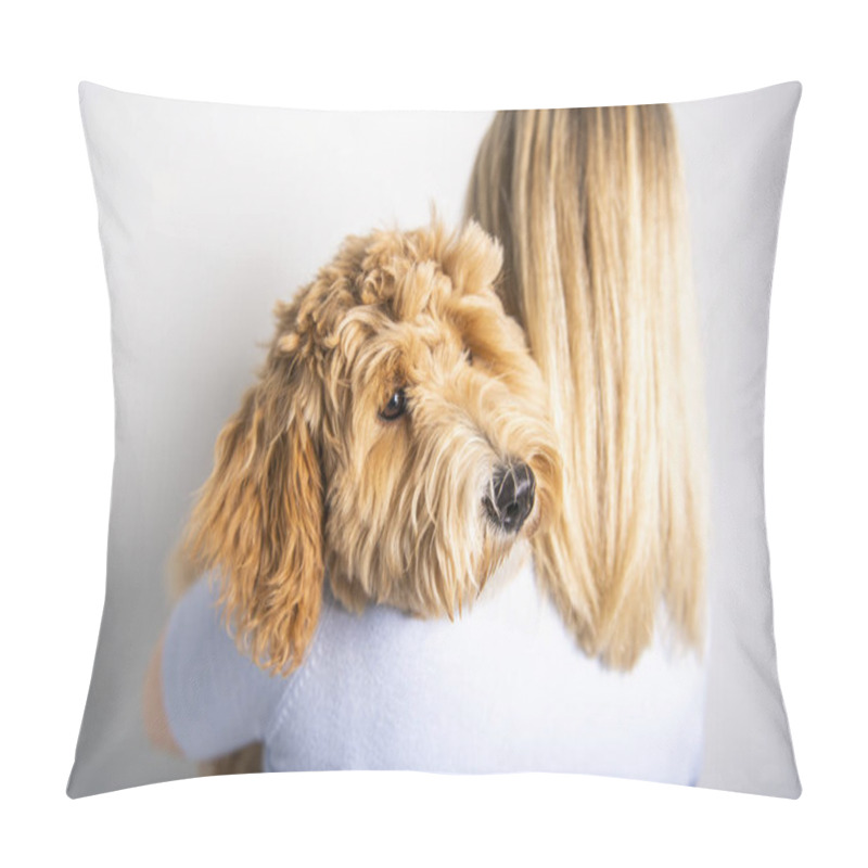 Personality  woman with his Golden Labradoodle dog isolated on white background pillow covers
