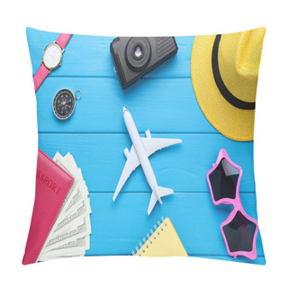 Personality  Airplane Model With Passport, Dollar Banknotes, Hat, Sunglasses  Pillow Covers