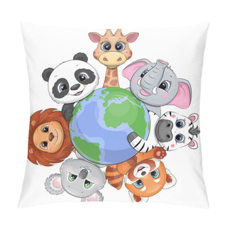 Personality  Cartoon Animals And Globe. Vector Illustration Of A Giraffe, Elephant, Zebra, Red Panda, Koala, Lion, Panda On A White Background. Pillow Covers