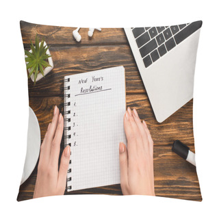 Personality  Partial View Of Female Hands Near Notebook With New Years Resolutions Lettering Near Laptop, Wireless Earphones, Plant And Coffee Cup On Wooden Desk Pillow Covers