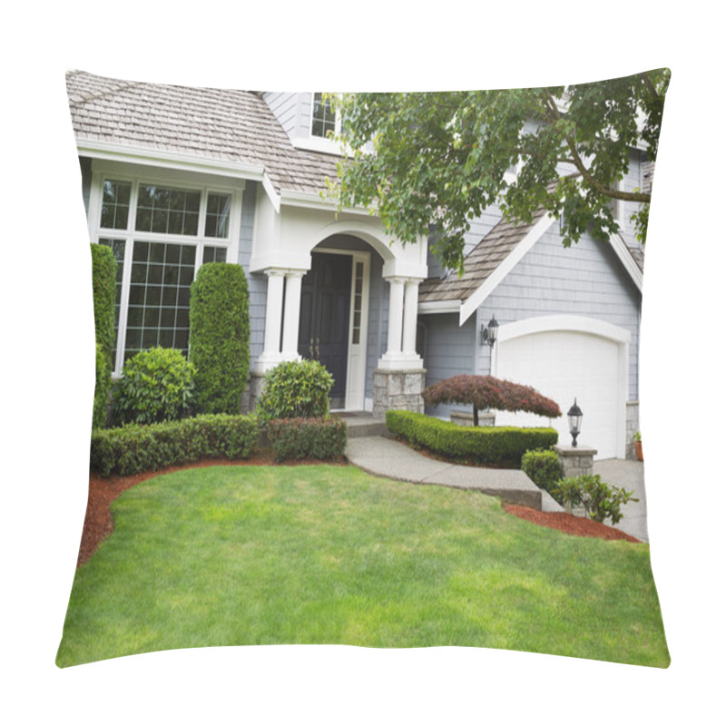 Personality  Newly painted and stained exterior of modern home during summert pillow covers