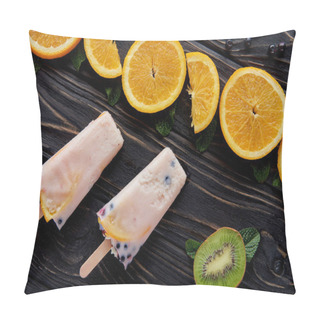 Personality  Top View Of Delicious Homemade Ice Cream With Fruits And Mint On Wooden Surface  Pillow Covers