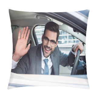 Personality  Side View Of Cheerful Businessman Greeting Someone While Driving Car Pillow Covers