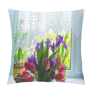 Personality  Bouquet Of Pink And Purple Flowers On The Window Sill With White Curtains. Cozy Light Room In A Country House In Ukraine. Pillow Covers