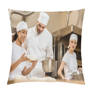 Personality  Young Multiethnic Team Of Bakers Working Together At Baking Manufacture Pillow Covers