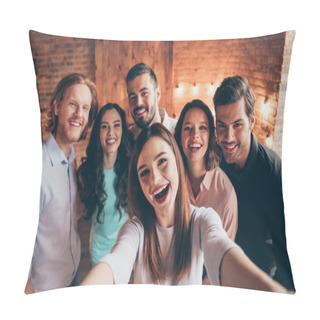 Personality  Self-portrait Of Nice Attractive Lovely Charming Winsome Cheerful Cheery Glad Ecstatic Positive Ladies Gentlemen Having Fun Embracing House Event Dream In Industrial Loft Interior Room Indoors Pillow Covers