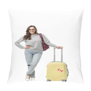 Personality  Smiling Female Student With Suitcase Isolated On White, Studying Abroad Concept Pillow Covers