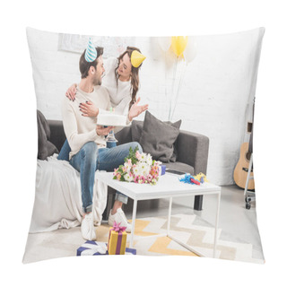 Personality  Couple In Party Hats Hugging And Celebrating Birthday With Cake In Living Room Pillow Covers