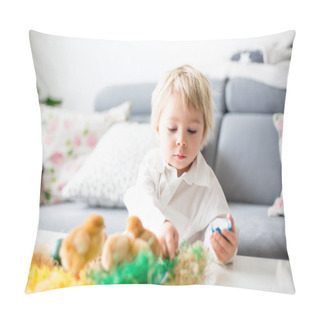 Personality  Sweet Toddle Blond Boy, Child, Playing With Cute Little Newborn Chicks In A Bucket And Easter Eggs At Home Pillow Covers