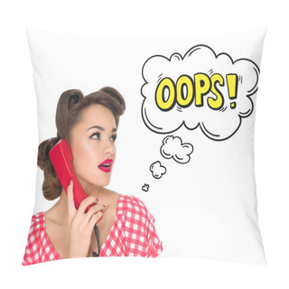 Personality  Portrait Of Pin Up Woman Talking On Old Telephone With Comic Style Oops Sign Isolated On White Pillow Covers