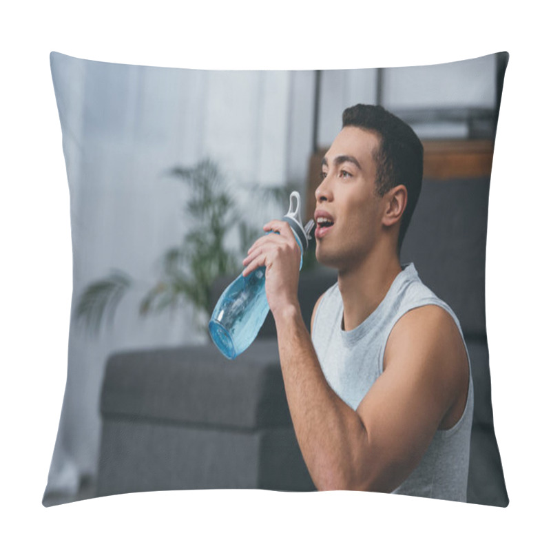 Personality  cheerful bi-racial man drinking water from sport bottle pillow covers