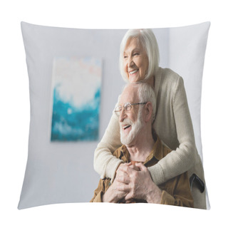 Personality  Cheerful Senior Woman Embracing Happy Disabled Husband  Pillow Covers