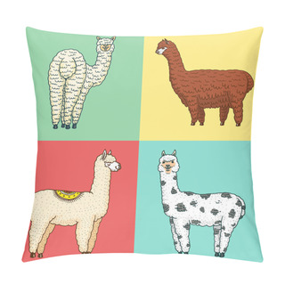 Personality  Set Of Cute Alpaca Llamas Or Wild Guanaco On The Background Of Cactus And Mountain. Funny Smiling Animals In Peru For Cards, Posters, Invitations, T-shirts. Hand Drawn Elements. Engraved Sketch. Pillow Covers