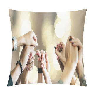 Personality  Business Team Raising Their Hands Up To Celebrate Pillow Covers