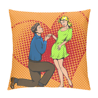 Personality Vector Pop Art Illustration Of Man Proposing Marriage To Girlfriend Pillow Covers