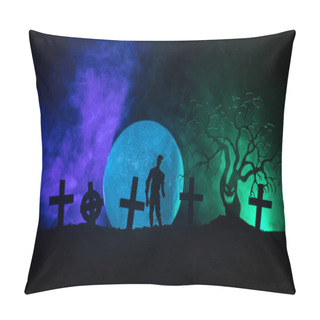 Personality  Scary View Of Zombies At Cemetery Dead Tree, Moon, Church And Spooky Cloudy Sky With Fog, Horror Halloween Concept. Toned Pillow Covers