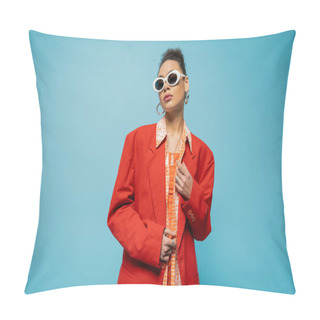 Personality  Portrait Of Stylish African American Woman In Trendy Accessories And Vibrant Outfit Posing On Blue Pillow Covers