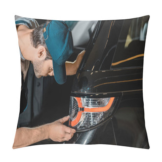 Personality  Side View Of Young Auto Mechanic Checking Car Back Headlamp At Auto Repair Shop Pillow Covers
