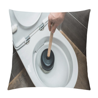 Personality  Cropped View Of Plumber Using Plunger In Toilet Bowl In Modern Restroom With Grey Tile Pillow Covers