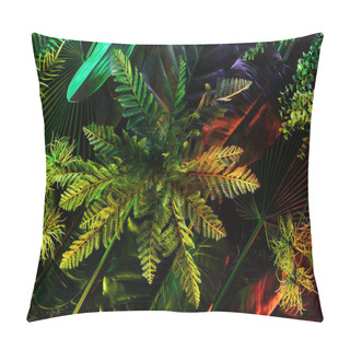 Personality  Full Frame Of Various Beautiful Tropical Leaves And Plants With Red Lighting  Pillow Covers