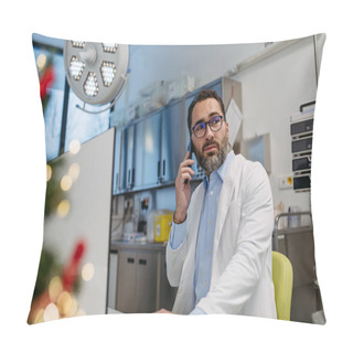Personality  Portrait Of Busy Doctor Phone Calling In Emergency Room, Consulting Room Decorated For Christmas. Mature Male Doctor Working A Christmas Shift In The Hospital, Cant Be With His Family During Pillow Covers