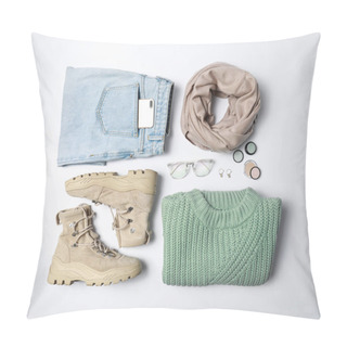 Personality  Stylish Female Autumn Outfit And Accessories On White Background, Flat Lay. Trendy Warm Clothes Pillow Covers
